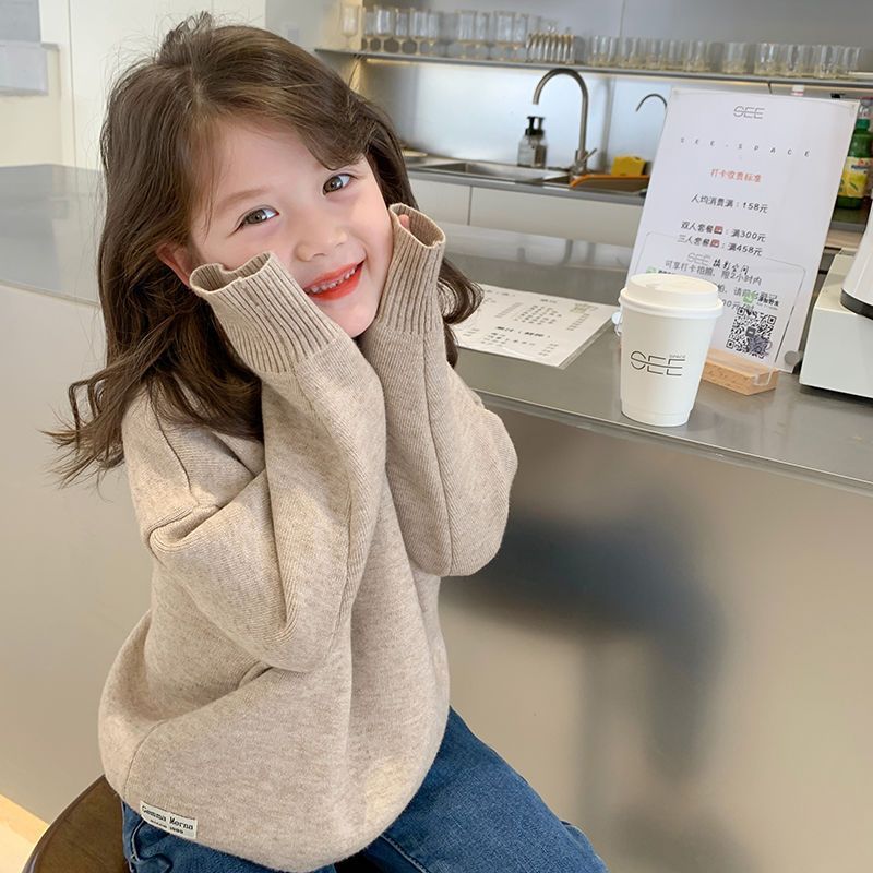 Children's turtleneck autumn and winter style for boys and girls, one-piece velvet thickened and warm, baby girl, solid color, trendy tops for children and middle-aged children
