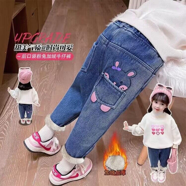 Girls' fleece jeans autumn and winter all-in-one fleece baby thickened trousers loose warm pants children's winter fashion