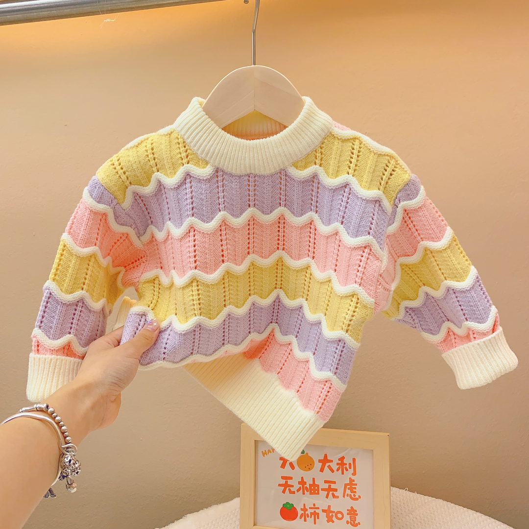 Girls rainbow sweater Internet celebrity fashionable children's autumn and winter clothing 2023 new baby knitted inner layer thickened and fashionable