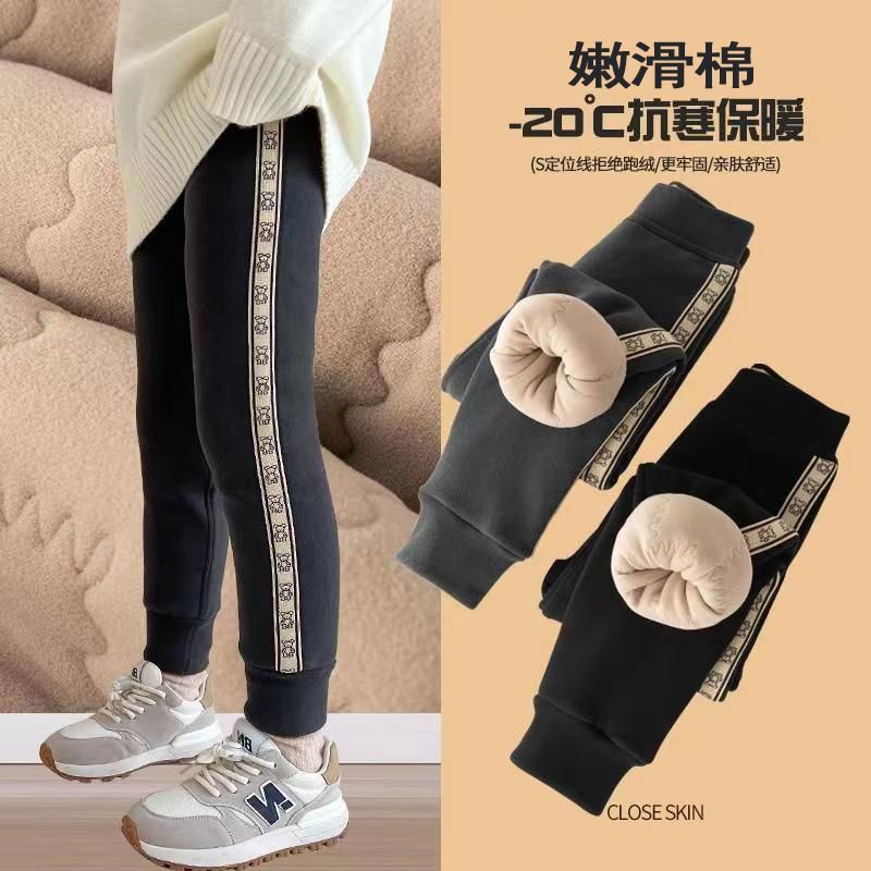 Girls' cotton pants with velvet and thickening, medium and large children's autumn and winter warm outer sports leggings, slim fit and trendy