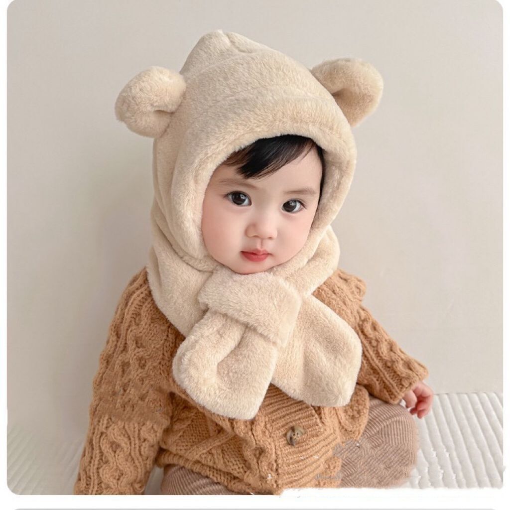 Bear ears children's plush hat and scarf all-in-one hat autumn and winter baby thickened warm hat