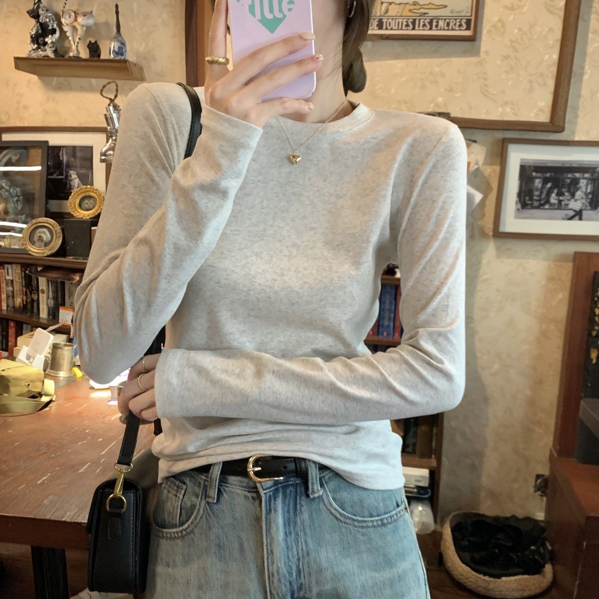 Pure cotton American solid color right shoulder long sleeve t-shirt for women autumn new slim fit versatile bottoming shirt basic style inner top