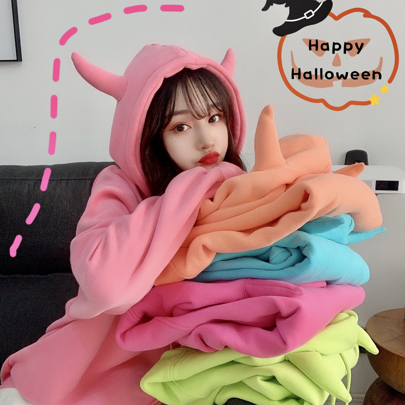 New design, small and fresh, horn hooded, loose, mid-length, velvet and thickened long-sleeved sweatshirt for women