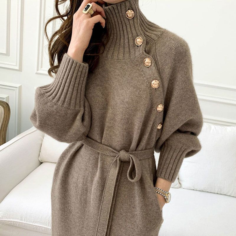 Korean chic winter retro pit high collar diagonal button knitted skirt with waist and long sleeve sweater dress