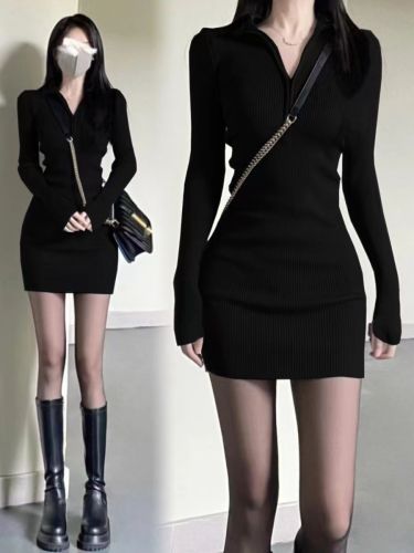  new autumn and winter long-sleeved knitted bottoming dress with a slim-fitting royal hottie hip-hugging little black skirt