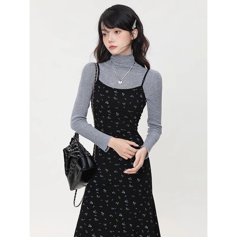 Black French style 2023 new autumn slim waist floral suspender dress long skirt retro suspender skirt