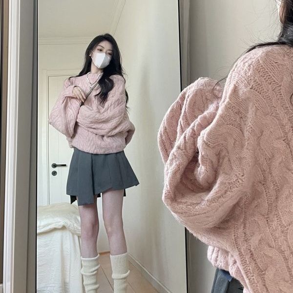 Oversize lantern sleeves twist pink big sweater women's autumn and winter outer wear loose lazy style round neck knitted top