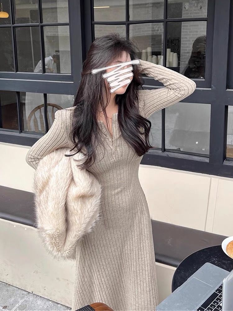 2023 new winter Korean style slim fit v-neck knitted dress over the knee long skirt bottoming skirt