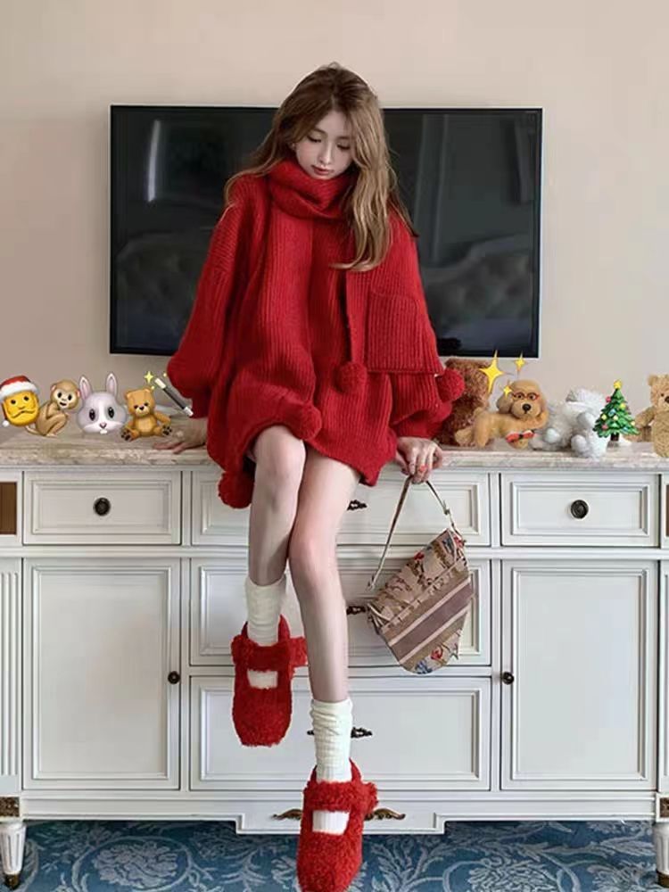 Christmas red sweater skirt women's autumn and winter mid-length 2023 new clothes fashionable women's clothing