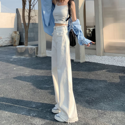 White high-waist raw edge straight jeans for women  spring and autumn new design niche wide-leg floor-length pants