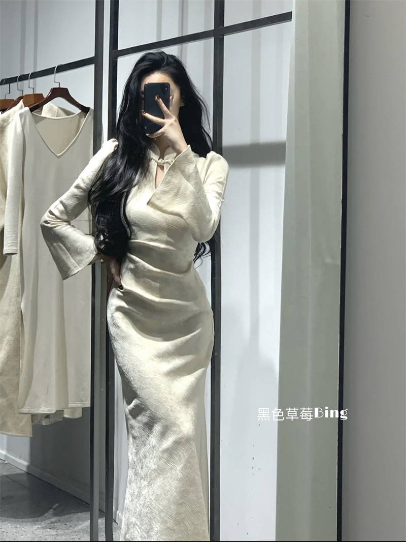 French style gentle style high-end new Chinese dress women's autumn and winter waist slimming chic cheongsam long skirt