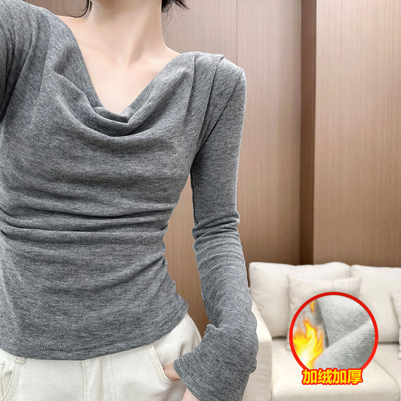 Thickened velvet top, winter pure desire long-sleeved T-shirt, hot girl niche off-shoulder bottoming shirt for women