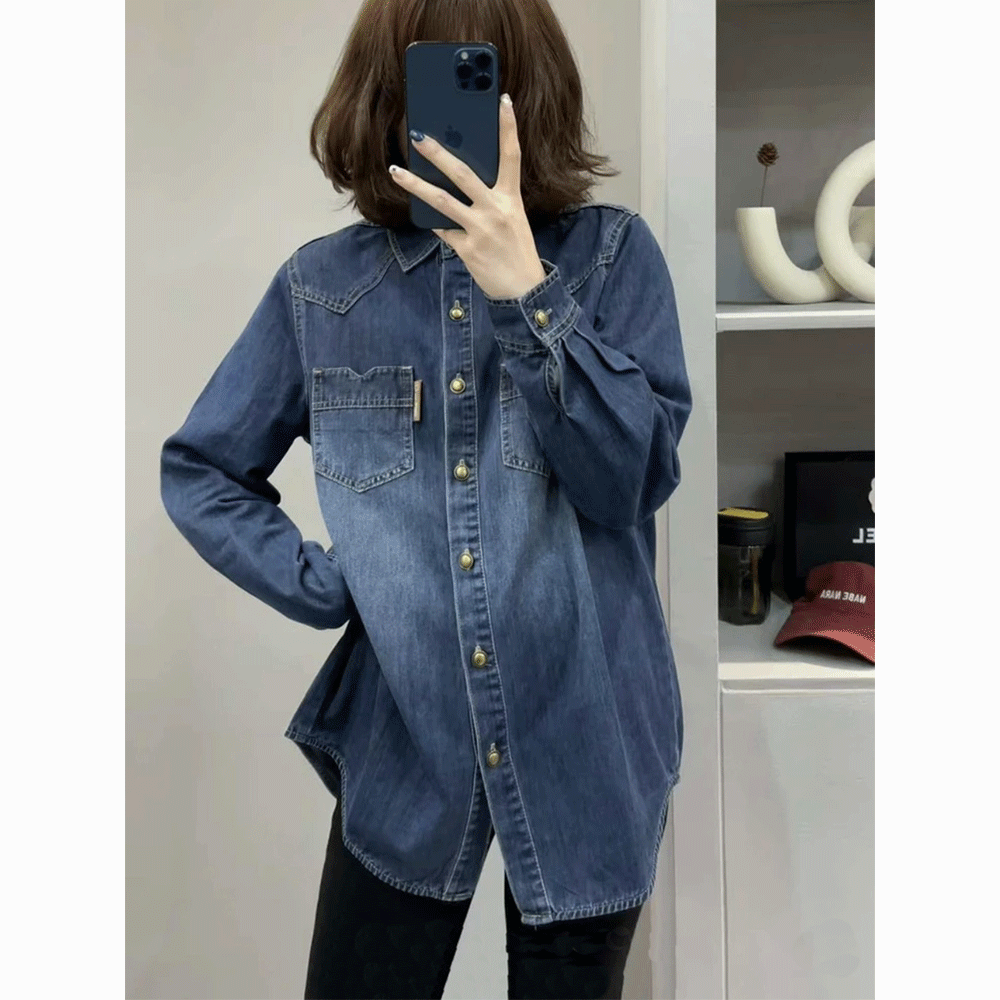2023 European Autumn and Winter New Slim Denim Long Sleeve Shirts for Women Designed with Fashionable Tummy Covering Tops