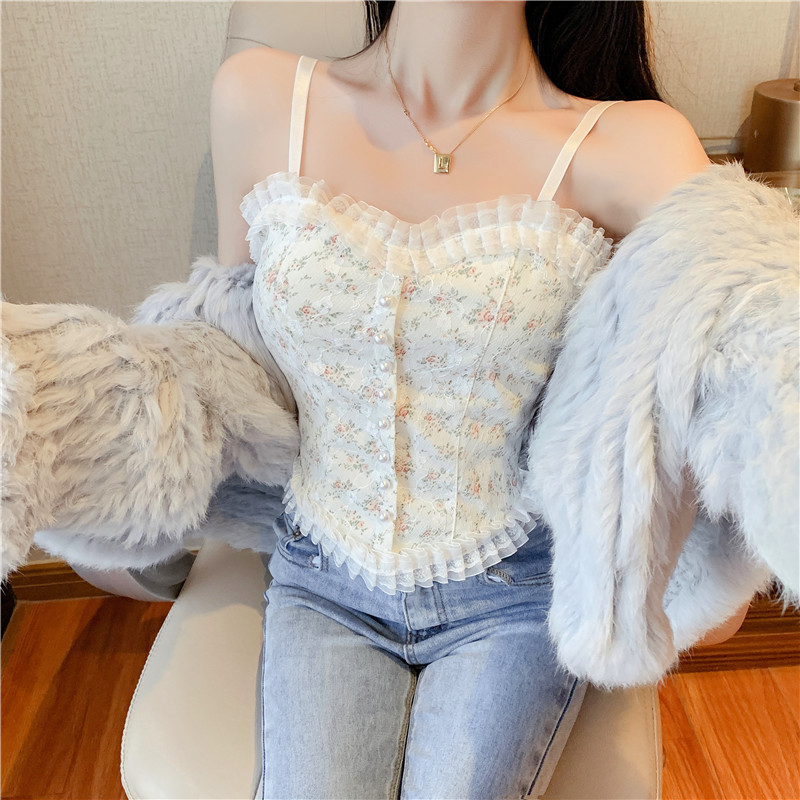 實拍~蕾絲碎花美背吊帶背心外穿甜辣風帶胸墊打底上衣
