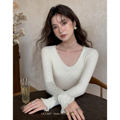 [Quality] Retro high-end top design French pearl edge slim fit versatile sweater women's bottoming shirt