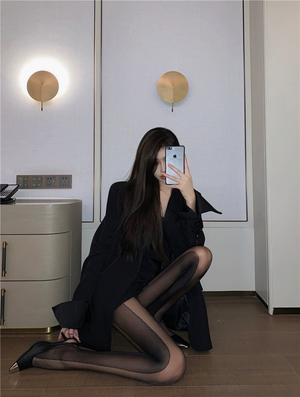 Real shot of new sexy side vertical strip pantyhose straight slimming black stockings stockings