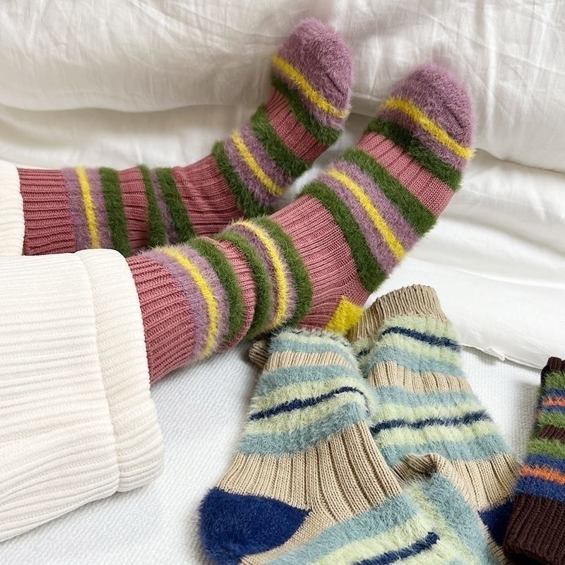 ins Korean version thick line striped color matching imitation mink furry socks women's sweet autumn and winter warm mid-calf socks