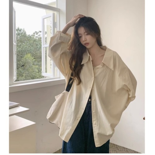 Hong Kong style fat mm early autumn retro shirt for women  lazy style simple Korean style loose outer long-sleeved shirt