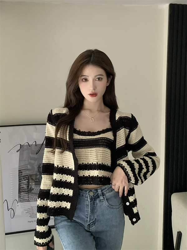 Actual shot of new design retro striped camisole + hollow long-sleeved cardigan two-piece set