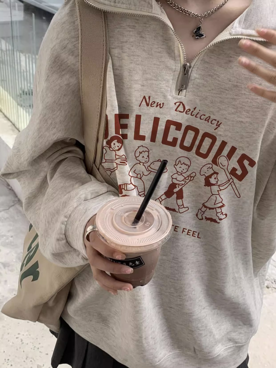 Floral Gray Half-Zip Sweater Jacket Women's Autumn and Winter Thin Design Niche Loose Small Polo Collar Top