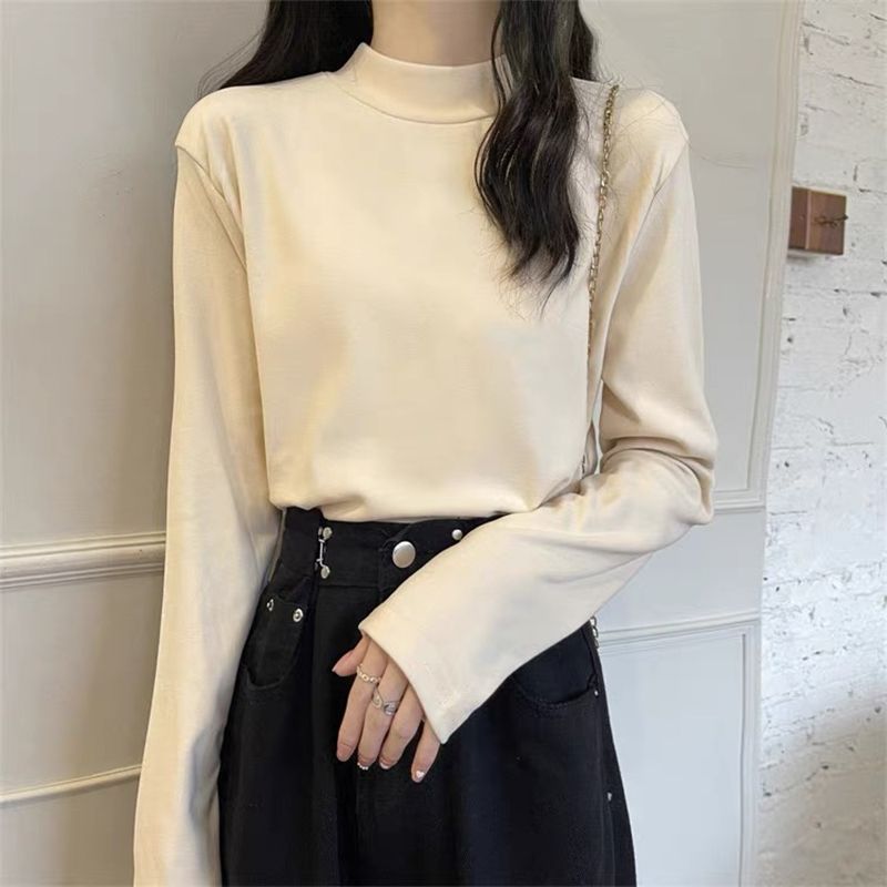 Double-sided German velvet bottoming shirt for women 2023 new autumn and winter plus velvet thickening versatile foreign style warm half turtleneck top for women