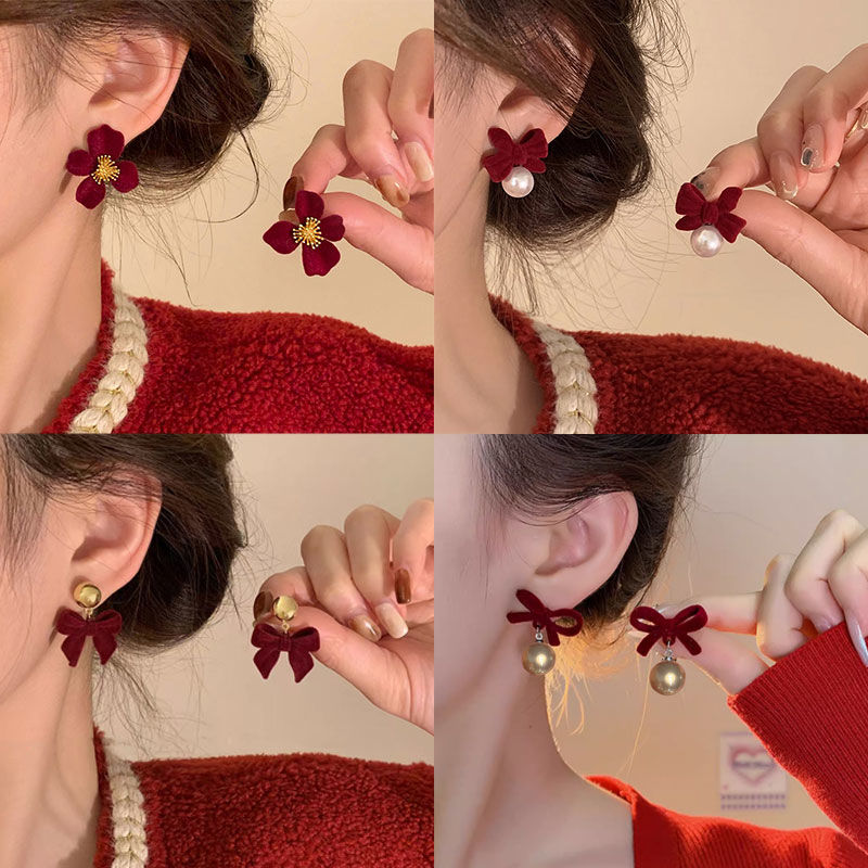 Autumn and winter flocked flower earrings for women, ins style, light luxury niche design, high-end temperament earrings, bridal earrings