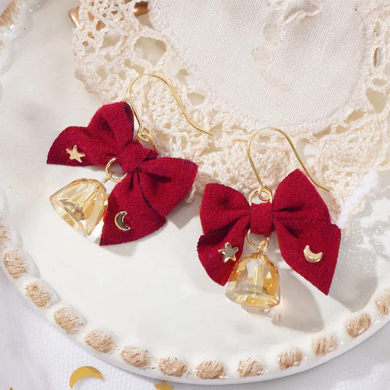 Original New Year red bell style bow, star and moon ear hook earrings, cute earrings for girls without pierced ears, ear clips