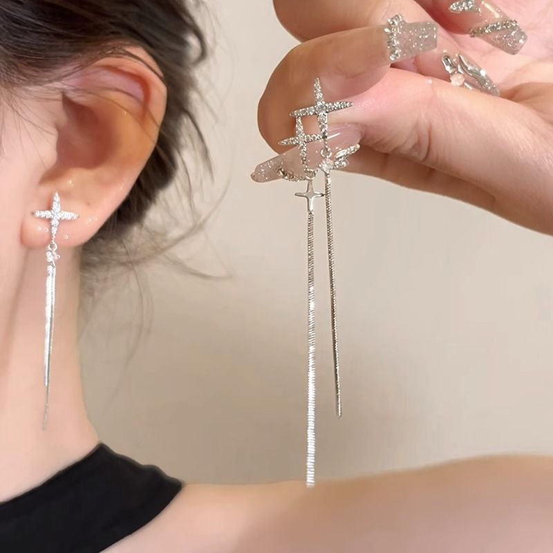 Star Zircon Tassel Earrings Women's Fashionable Long Earrings 2023 New Hot Style High-end Earrings Earrings