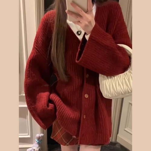 Christmas Outfit New Year Red Sweater Jacket Women's Autumn and Winter  New Style Chic and Beautiful Knitted Cardigan