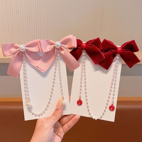 Children's red bow hairpin baby princess tassel New Year's headdress girl's pearl hairpin little girl's New Year