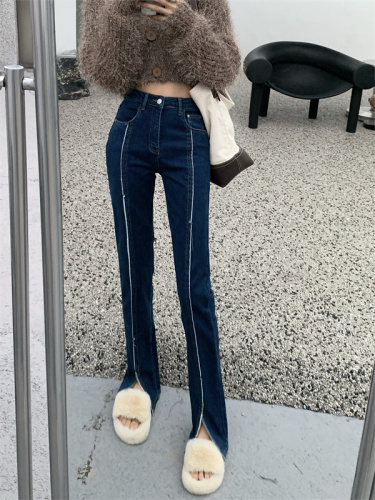 Actual shot of  Korean style autumn and winter new high-waisted slim-fit slit spliced ​​straight jeans