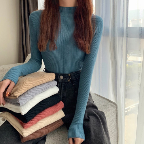 Real shot of autumn and winter retro half turtleneck bottoming shirt long-sleeved core-spun yarn slimming knitted top