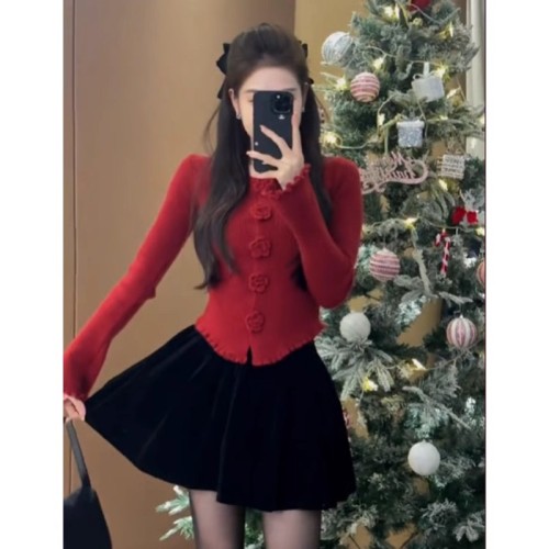 Christmas Outfits Red Sweater Women's Knitted Sweater Cardigan Jacket Autumn and Winter  New Style Bottoming Short Top