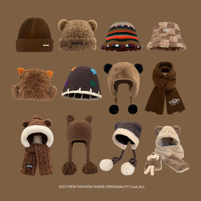 Maillard style retro plush hat for women autumn and winter warm thickened plus velvet brown three-piece rabbit embroidered scarf