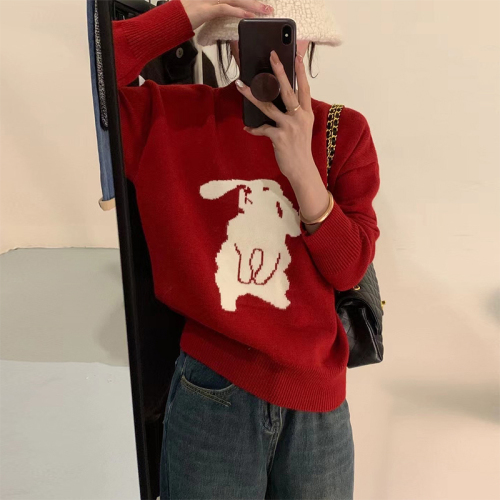 New Year and Christmas Rabbit Zodiac Year Cherry Red Sweater Women's Autumn and Winter Atmosphere Pullover Bottoming Sweater