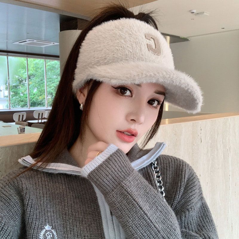 Hat Women's Autumn and Winter Korean Version Versatile Empty Top Ponytail Peaked Hat Plus Velvet Thickened Warm Knitted Wool Hat