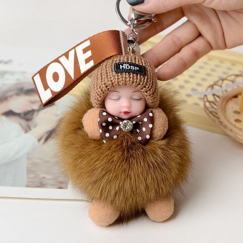 New style real fox fur high-end Douyin internet celebrity keychain sleeping doll bag accessories plush pendant fur