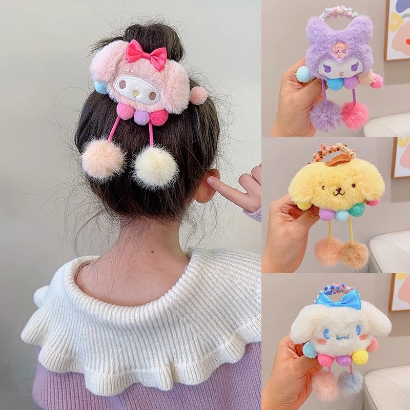 Kuromi Hair Tie Children's Cute Sanrio Headband Wool Cartoon Rubber Band Girl Ponytail Ball Hair Accessory