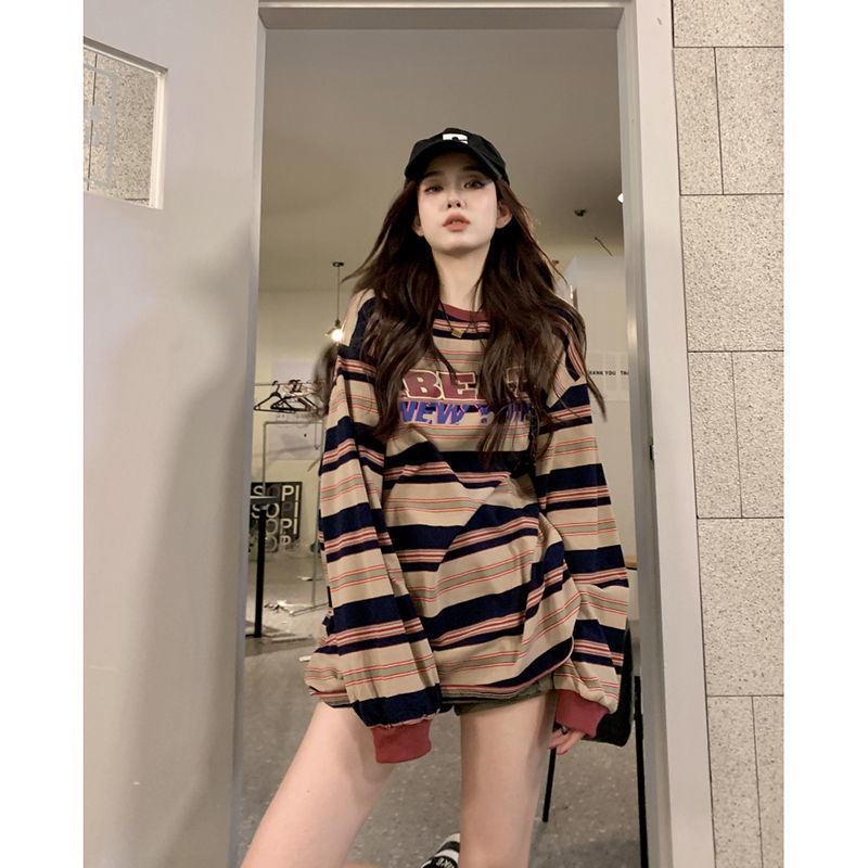 Contrast color striped loose round neck American retro letter print 2023 spring and autumn long-sleeved T-shirt women's top trendy ins