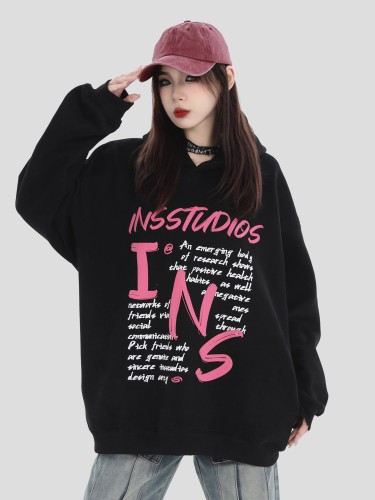 [Tmall/Quality/Thin] Heavy Chinese cotton/silver fox velvet double-layer hat INS full screen letter print sweatshirt