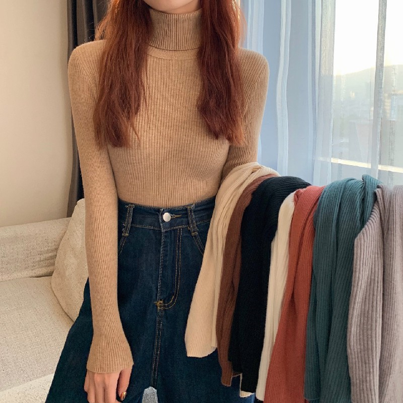 Real shot Autumn and winter solid color slimming high collar versatile knitted bottoming top for women