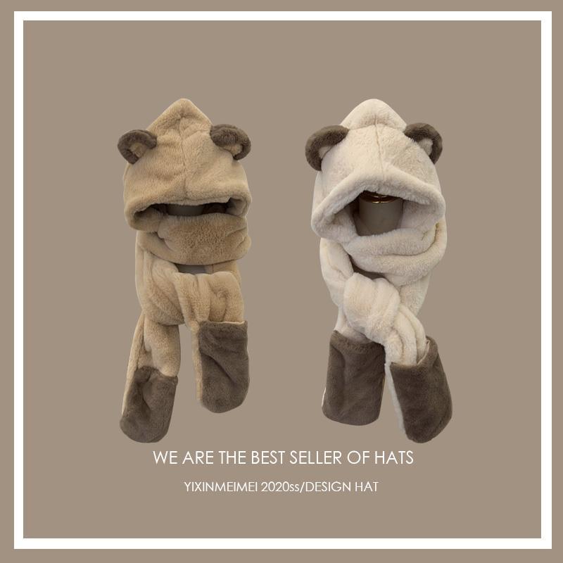 Korean style cute bear ears warm hat scarf one-piece thickened plush gloves three-piece set cold-proof cycling hat