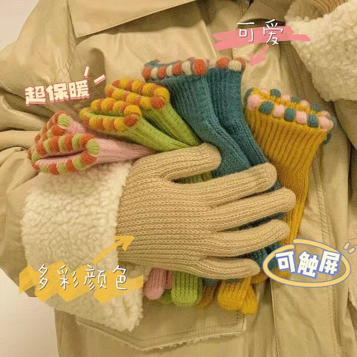 Gloves for women winter cute cartoon student warm and versatile fashionable cold and windproof cycling and driving touch screen woolen gloves