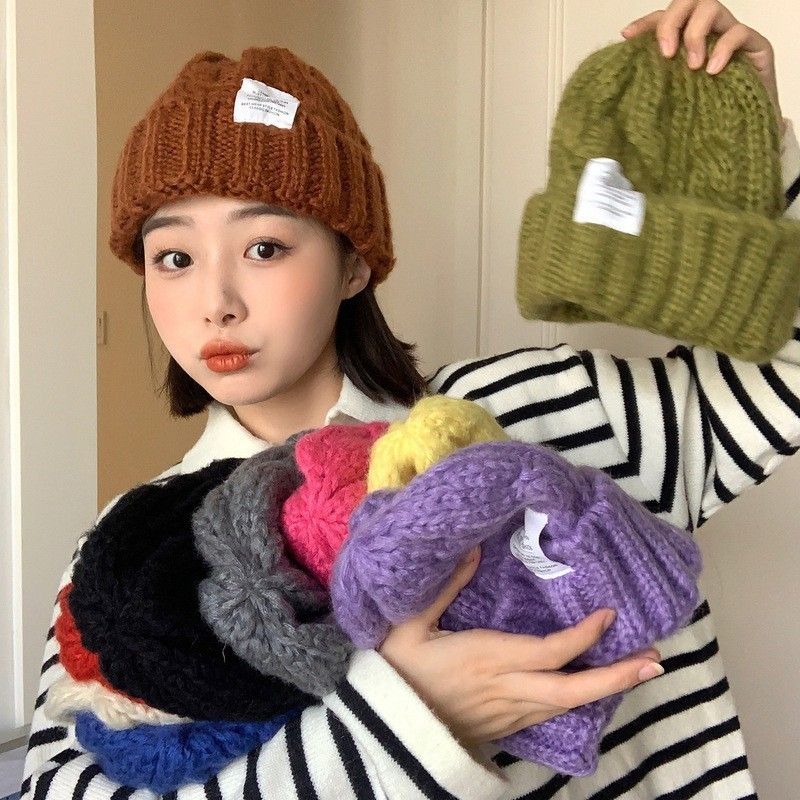 Autumn and winter thick hemp woolen hat for women ins candy color knitted hat retro loose warm trendy cold hat for men