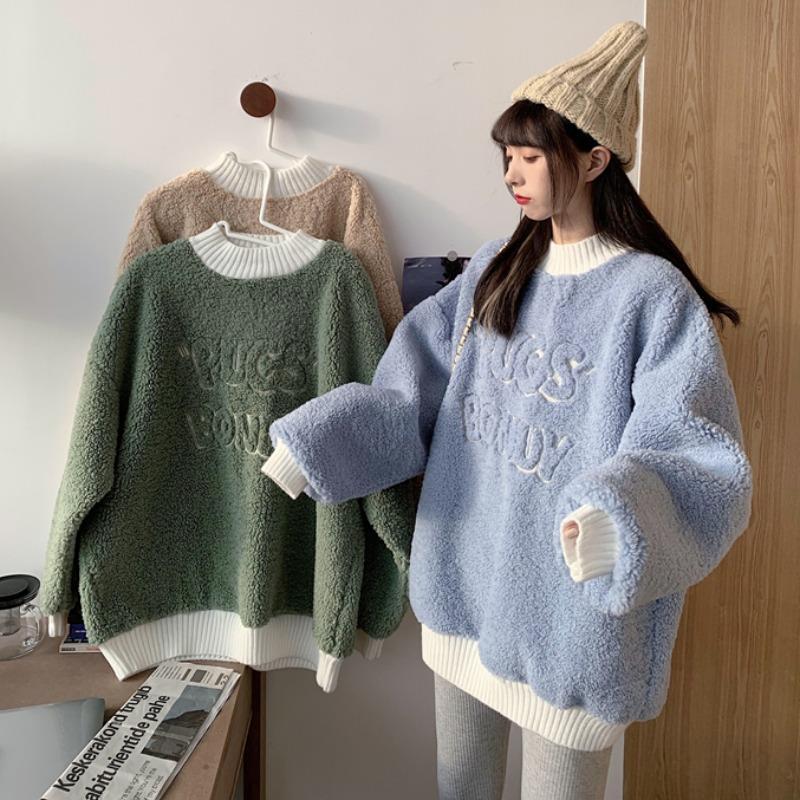 Winter 2022 new style imitation lamb wool plus velvet letter embroidery loose mid-length versatile long-sleeved sweatshirt for women