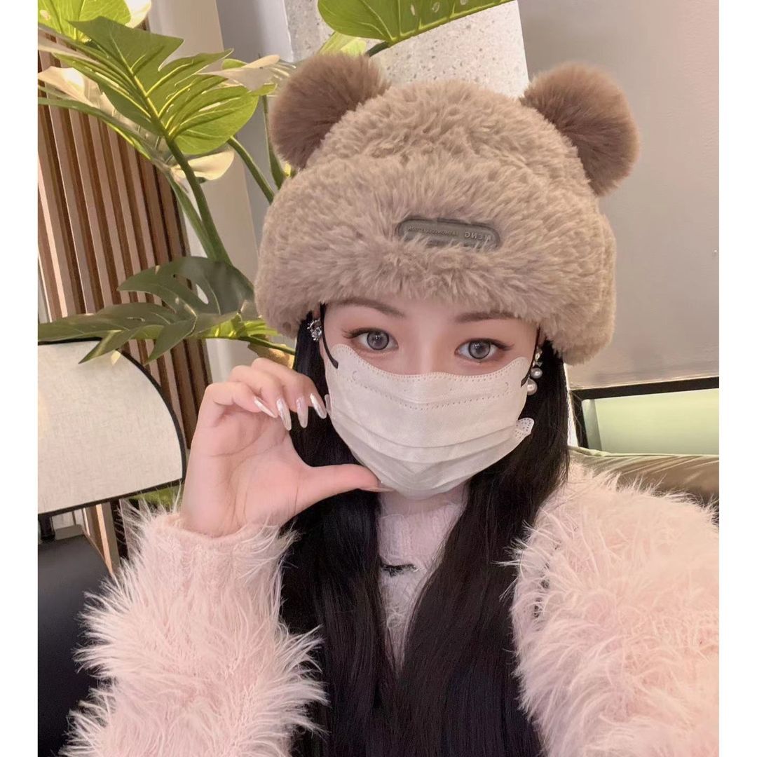 [Correct version of the big ball bear hat] Autumn and winter ear protection hat with velvet and thickened plush face-showing small warm hat