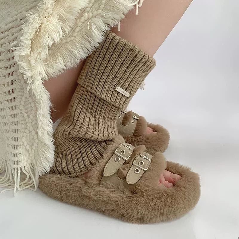 Japanese and Korean knitted warm women's autumn and winter boots calf pile socks metal label white y2k hot girl leg covers trendy