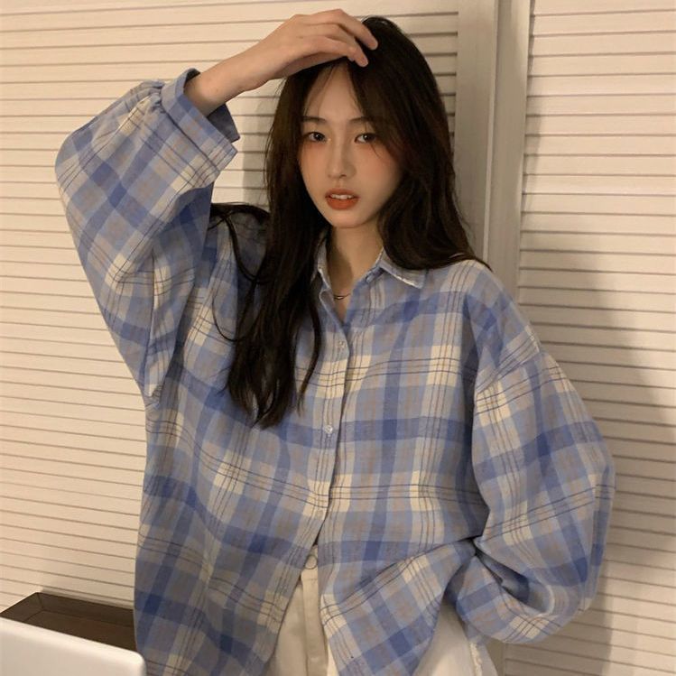 Blue plaid shirt women's oversize casual loose bf early spring design long-sleeved shirt jacket trendy top