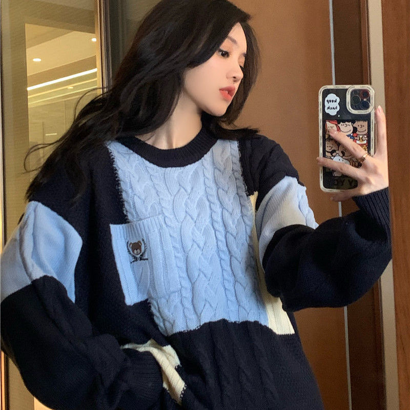 Lazy style age-reducing knitted sweater for winter loose outer wear American retro street versatile Japanese retro sweater for women