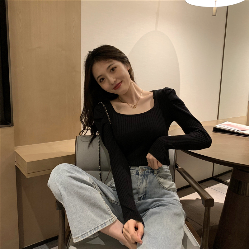 Actual shot of new slim-fitting puff-sleeved sweater for women square collar simple pullover long-sleeved top